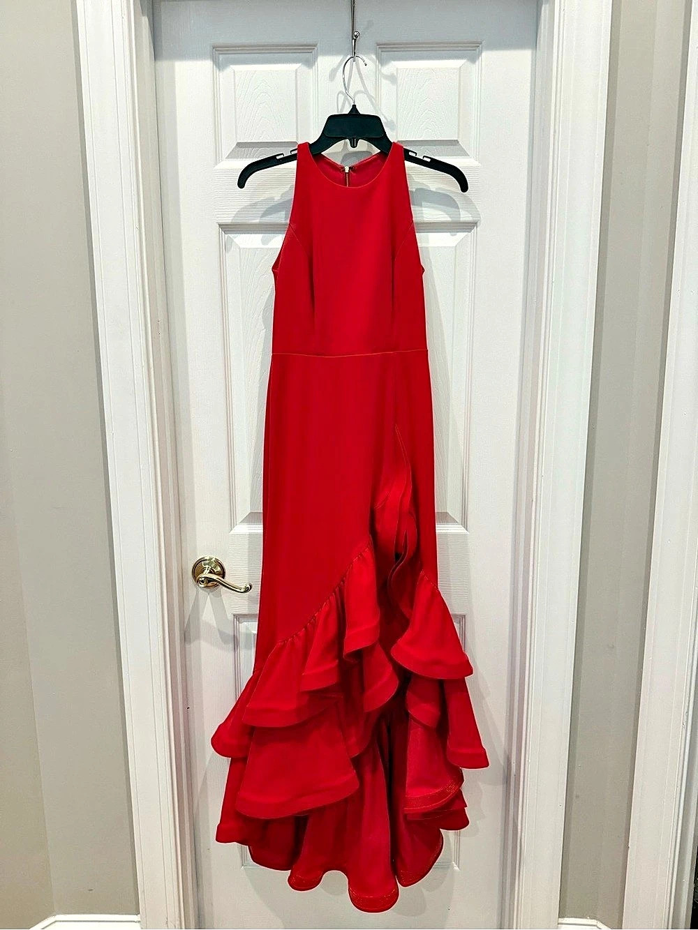 Betsy & Adam Petite Tiered Ruffles Scuba Crepe Gown Red Maxi Dress Size 4 Petite
